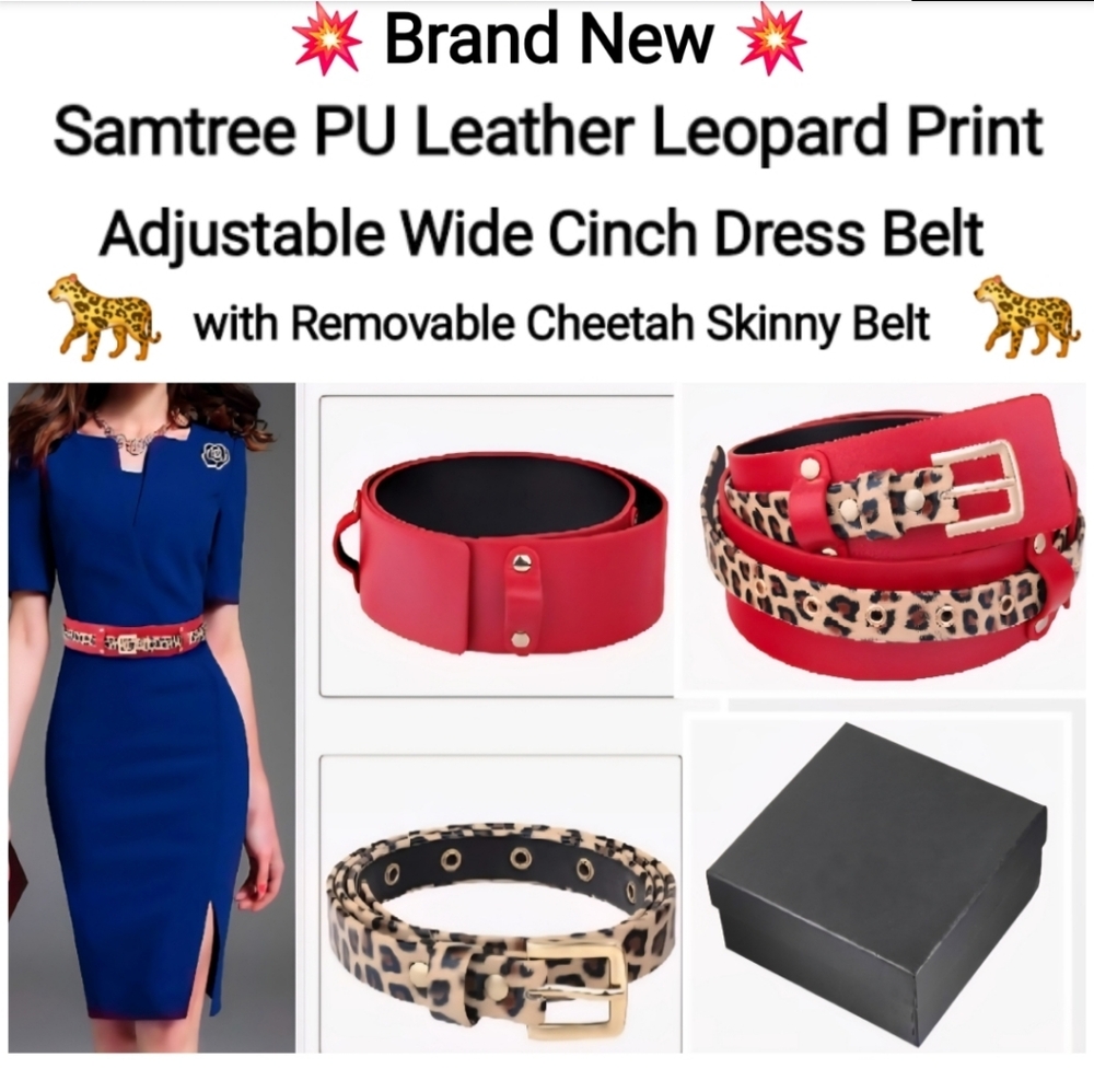 Red PU Wide Cinch Belt with Removable Leopard Skinny Belt
